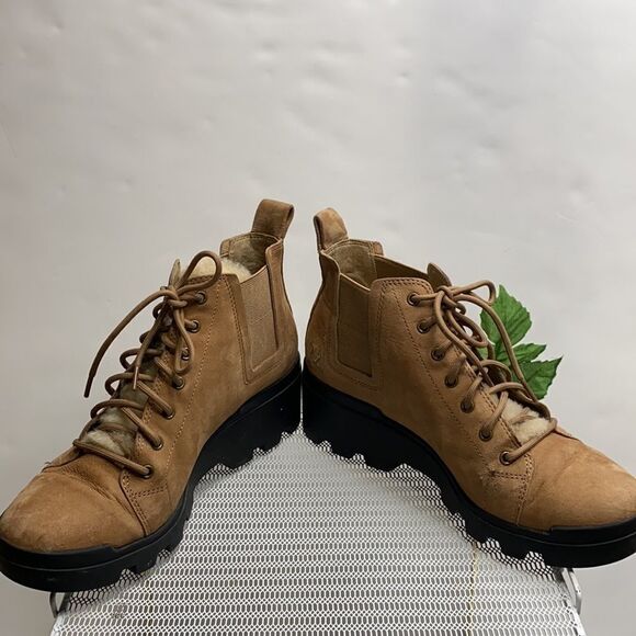 EILEEN FISHER Women Calm Tan Suede Shearling Platform lug‎ Sole Hiker Bootie 7.5 - Picture 6 of 13